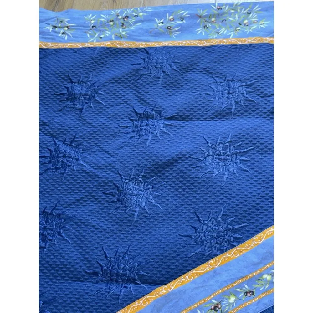 Nappe Olive Leaf Rectangle Blue French Country Tablecloth Handmade 112”X61”